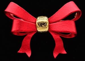 Atwood Sawyer Vintage Bow Pin Brooch Christmas Gold Matte Red AS Signed BinAQ